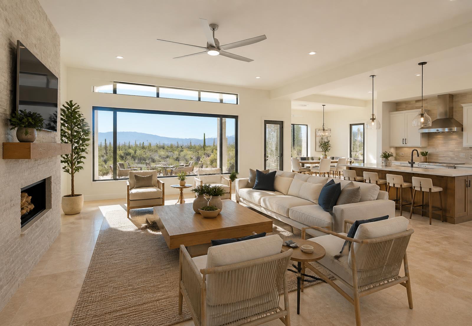 Bright, freshly cleaned living room in an Arizona home with desert views