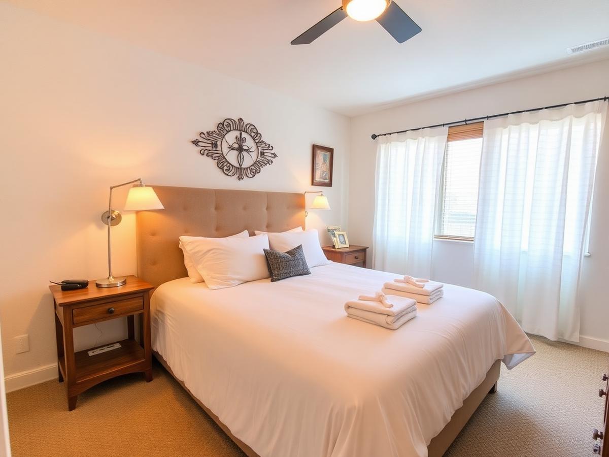 Freshly made bed and folded towels in an Arizona vacation rental